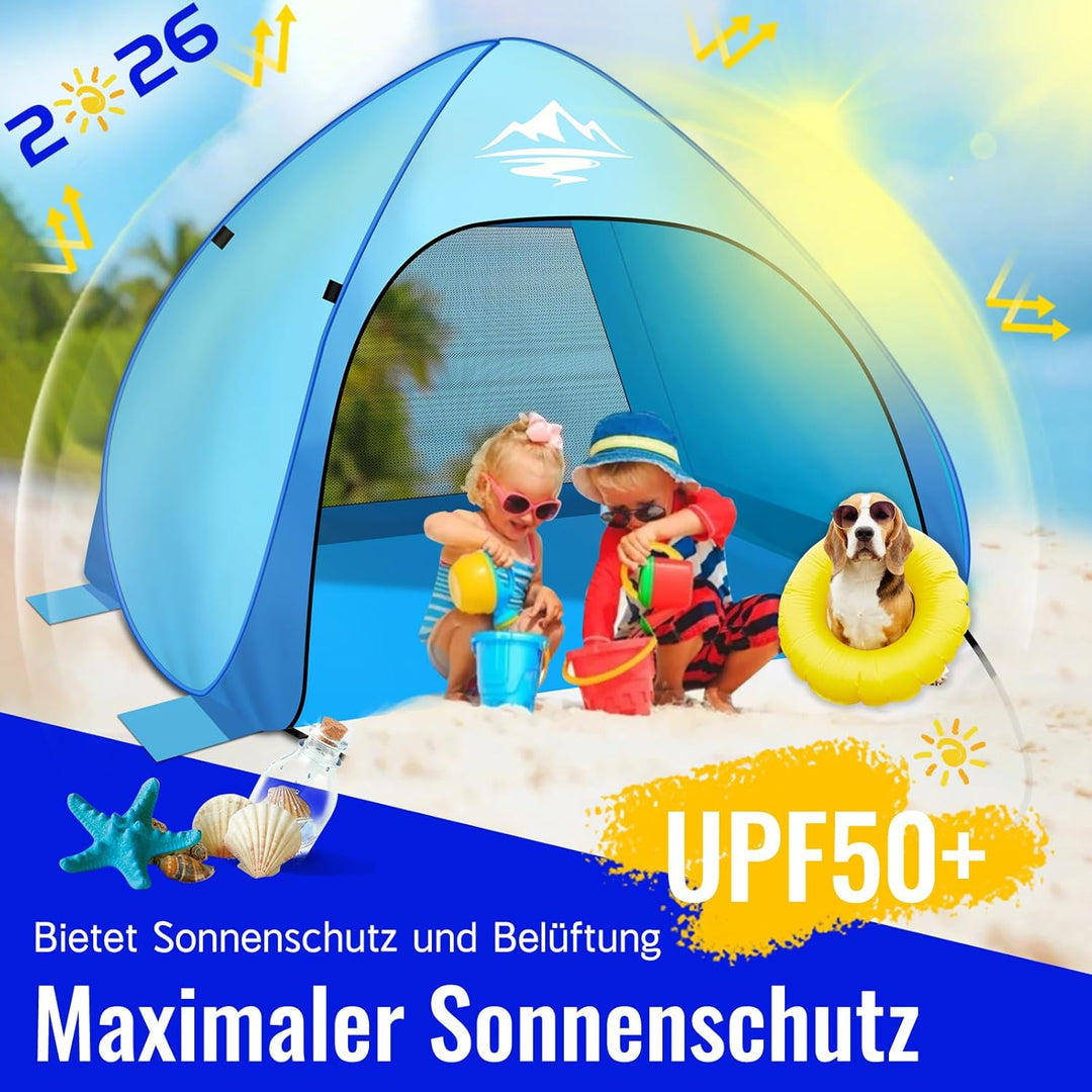 Strandmuschel Pop Up Strandzelt 3-4 Personen, Pop Up Strandmuschel mit Reissverschlusstür UV-Schutz