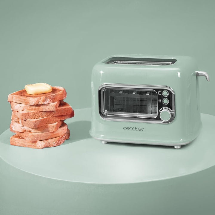 Cecotec Vertikaler Toaster RetroVision Green, 700W Leistung, 2 Extra-breite Schlitze, Einzigartiges