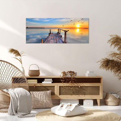 Wandbilder Dekoration Wohnzimmer See Natur Brücke Vögel Panorama Bilder auf Leinwand 120x50cm Leinwa