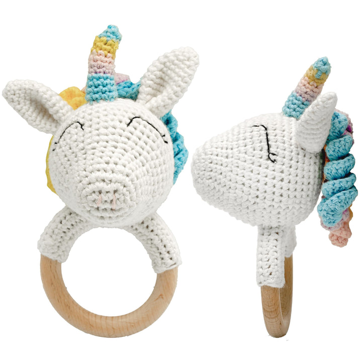 Beissring Baby Einhorn gehäkelt aus Holz – Handgemachte Rassel – Montessori Greifling – Geschenk zur