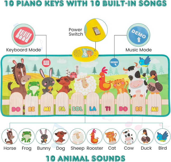 KOMFOTTEU Boden Klaviermattemit 10 Tiergeräuschen, Klaviermatte mit 10 Tasten & 10 eingebauten Liede