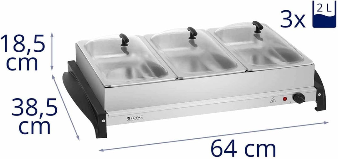 Royal Catering RCHP-400/3 Edelstahl Buffetwärmer Speisenwärmer elektrisch 3 x 2 L 400 W Acrylglasdec