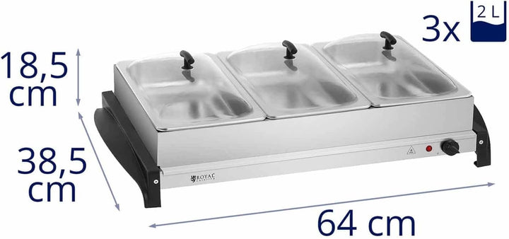 Royal Catering RCHP-400/3 Edelstahl Buffetwärmer Speisenwärmer elektrisch 3 x 2 L 400 W Acrylglasdec