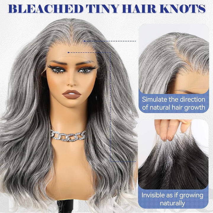 HAIRCUBE 13x6 HD Synthetische Lace-Front-Perücke, 24 Zoll lange graue, lockige, geschichtete Perücke