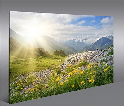 islandburner Bild Bilder auf Leinwand Bergwiese V2 Alpen Landschaft Berge Sonne 1p XXL Poster Leinwa