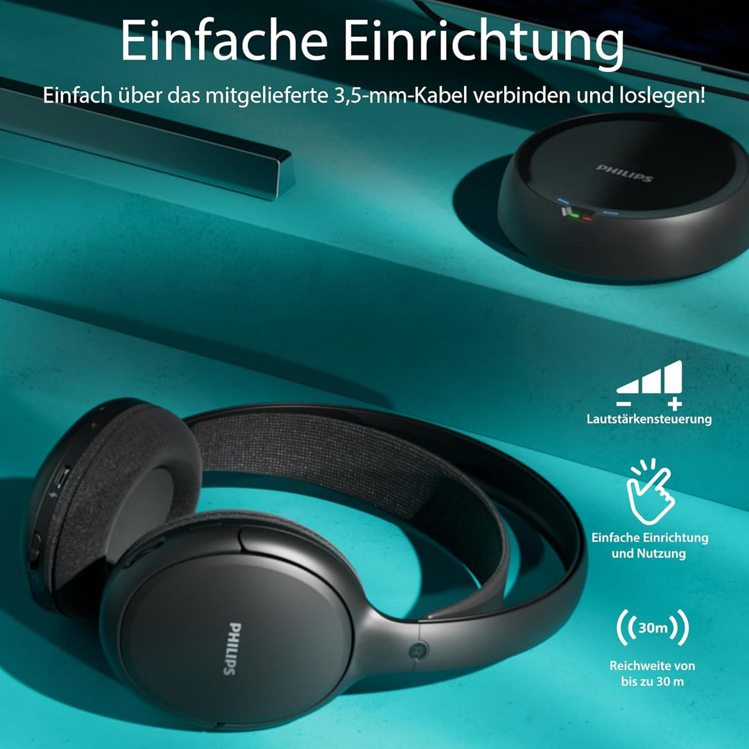 Philips SHC5200M2 kabellose TV-Kopfhörer mit 30 Std. Wiedergabezeit, 30 m Reichweite, digitaler 2,4-