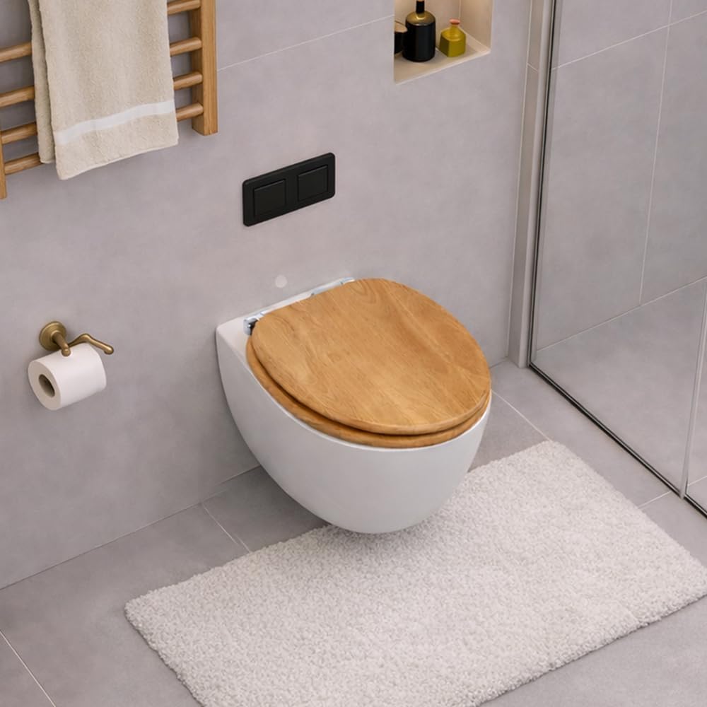 WC-Sitz aus Massivholz - Kautschukholz (Hevea) mit Absenkautomatik, Schnellverschluss &amp; Easy-Clean,