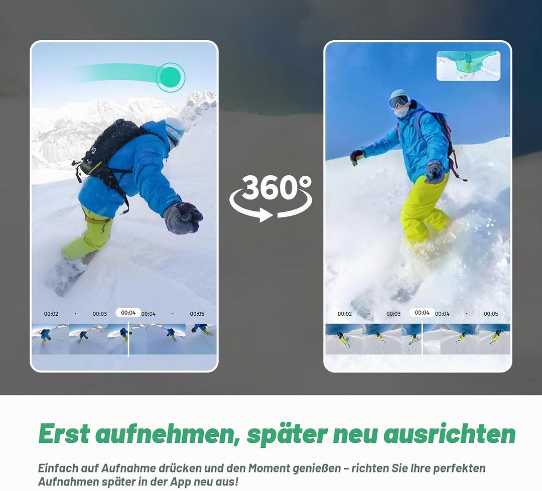 AKASO 360° Action Cam Creator-Set - 5.7K 72MP 360 Grad Actionkamera mit 128GB Speicherkarte Duale 1/