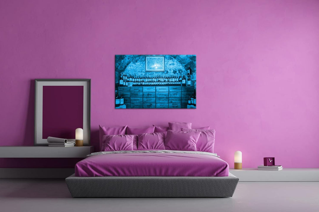 deyoli alter Weinkeller in Burgund Format 80x60 Effekt: Monocrome Blau als Leinwandbild, Motiv ferti