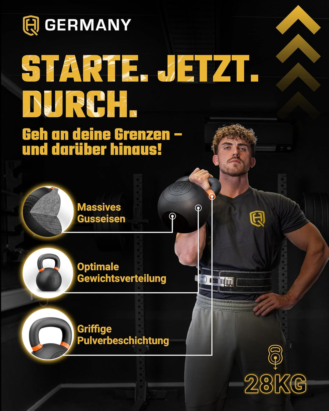 HQ Germany® Kettlebell Powdercoat [Pulverbeschichtung] - Kugelhantel 2-32kg | Vollguss ohne Schweiss