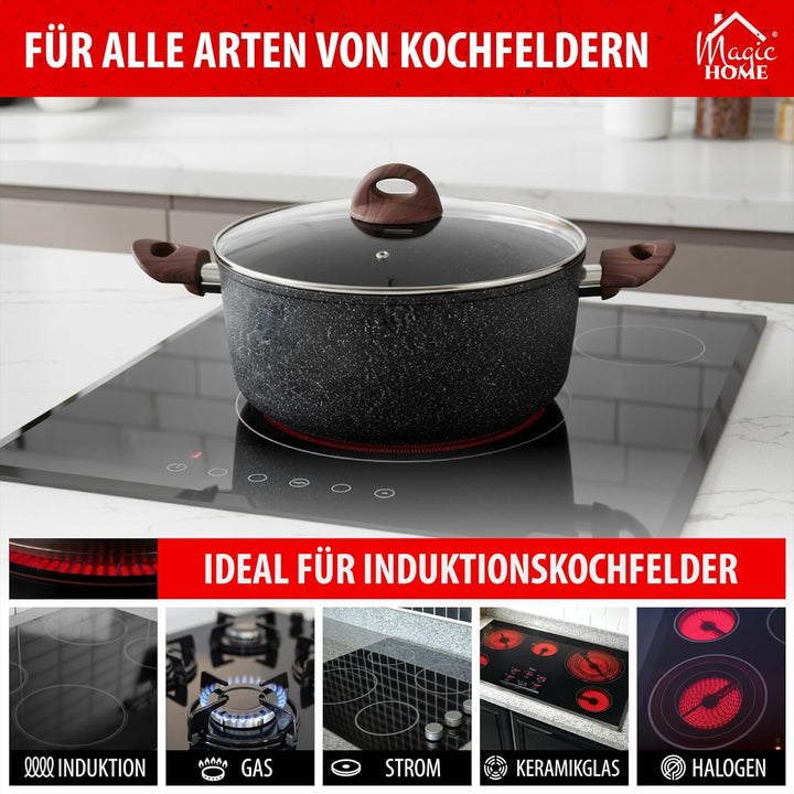 MAGIC HOME Aluguss Topf 24 cm INDUKTION | Marmor Antihaft | Kleiner Beschichteter Kochtopf mit Glasd