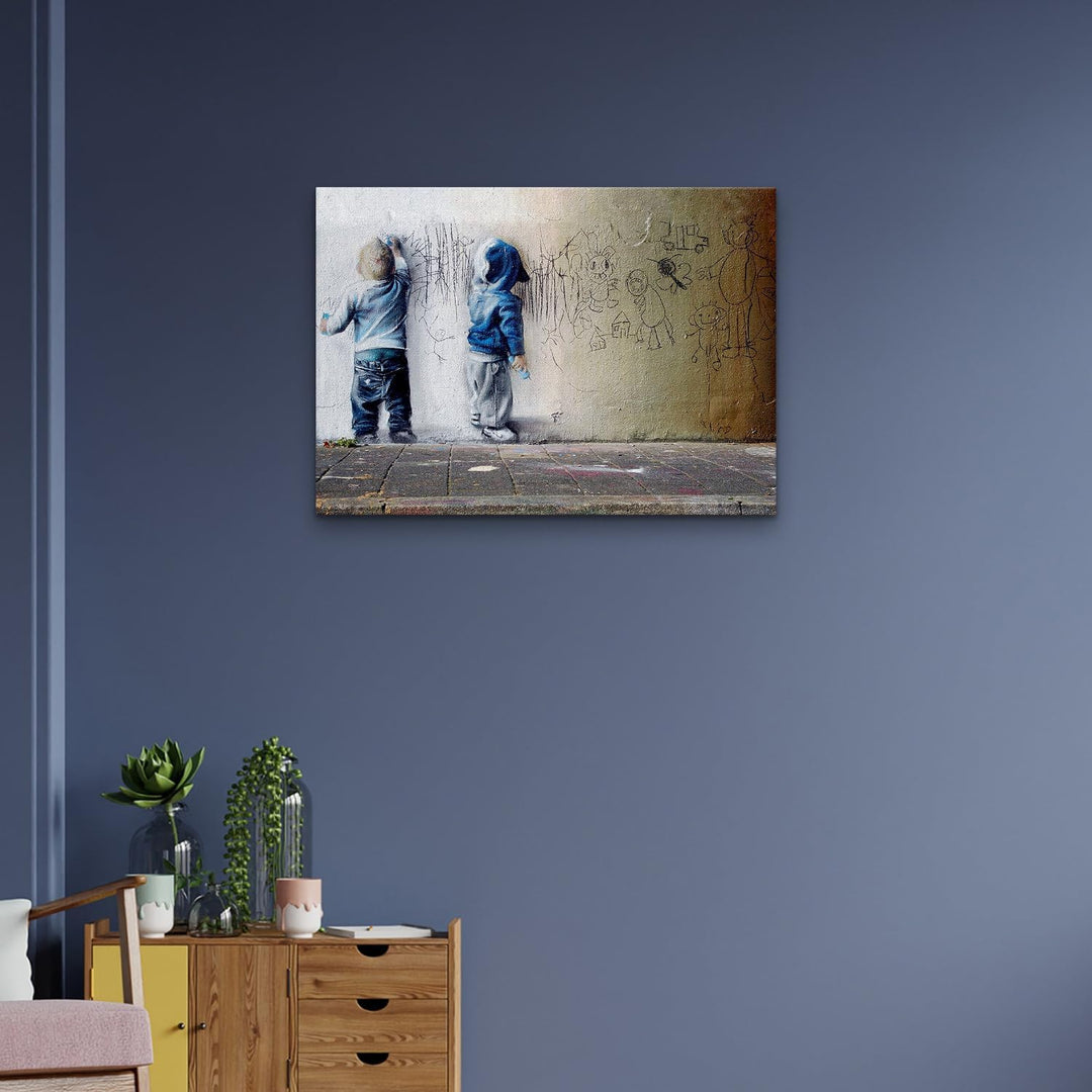 Giallobus - Gemälde - Banksy - - Standardleinwand - 100x70-12 - Graffiti-Kinder - Bereit zum Aufhäng