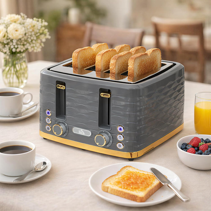 HOMCOM 4-Scheiben-Toaster mit 7 Bräunungsstufen, High-Lift, Aufwärm-/Auftau-/Abbruchs-Funktion, Selb