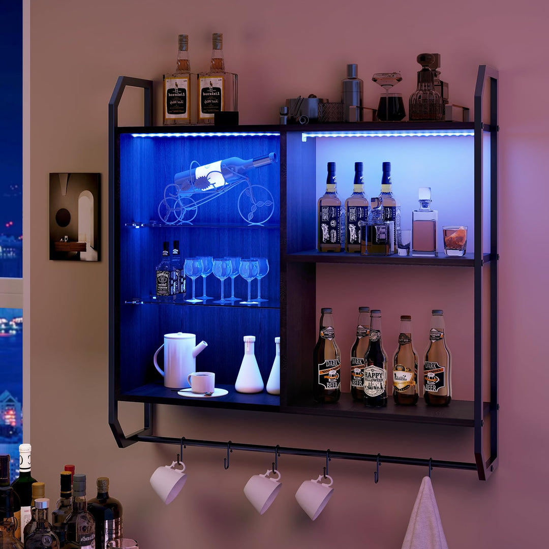 YOURLITE Bar Regal Wand, Schwebende Regale mit LED, Wandregal mit Verstellbarer Glasablage, mit 6 S-