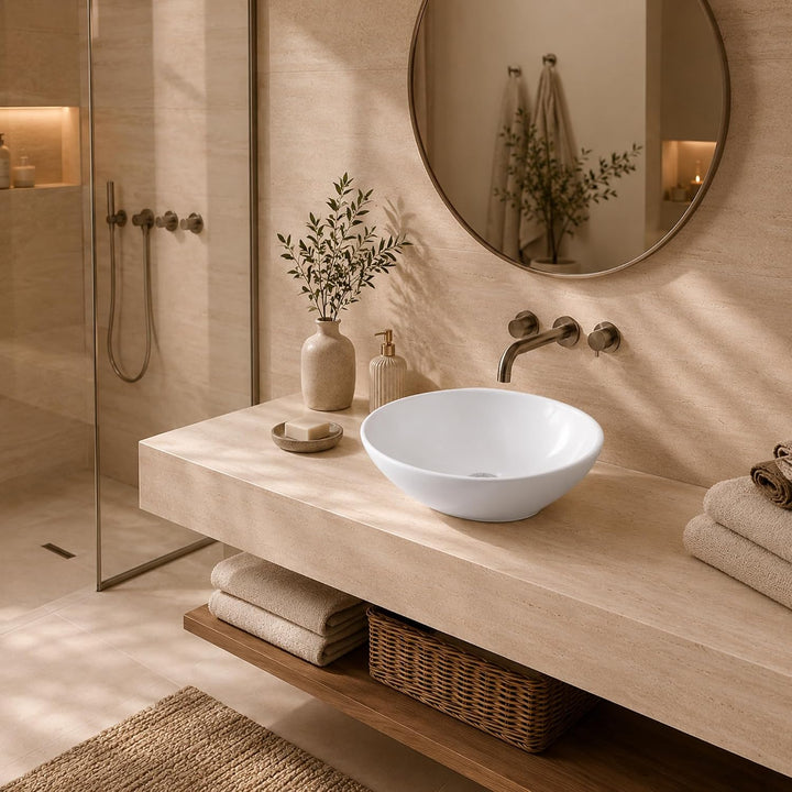 Art-of-Baan® Keramik-Aufsatzwaschbecken I Waschbecken mit Lotus-Effekt I Handwaschbecken Weiss I DIN