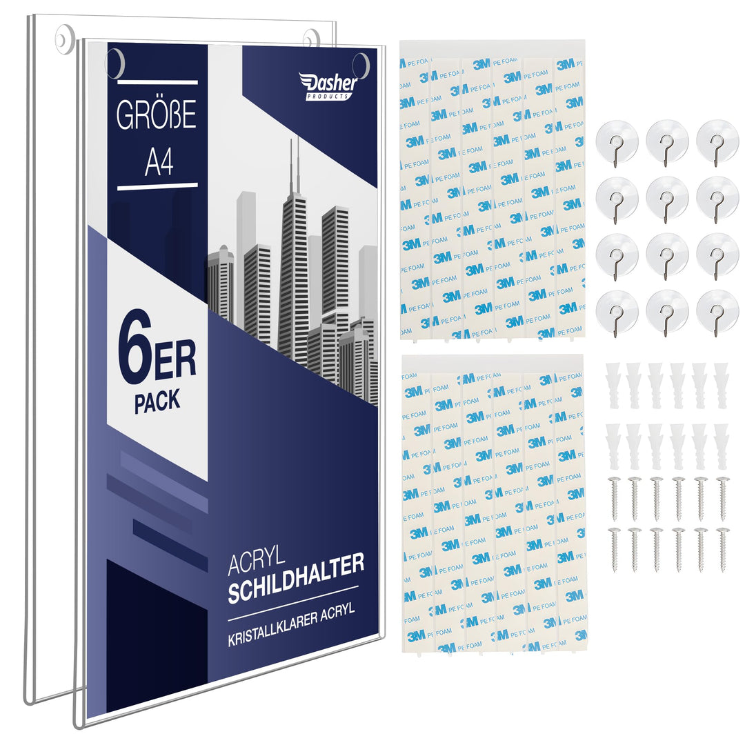 Acryl Schildhalter A4, 6 Stück, Transparenter Rahmen Papierhalter mit mehreren Befestigungsoptionen