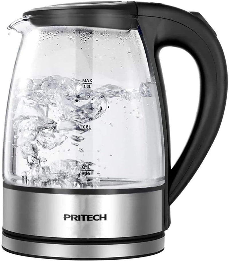 PRITECH Borosilikatglas Wasserkocher, 2200 Watt, 1,2 Liter, 360°-Sockel, Abschaltautomatik, Trockenl