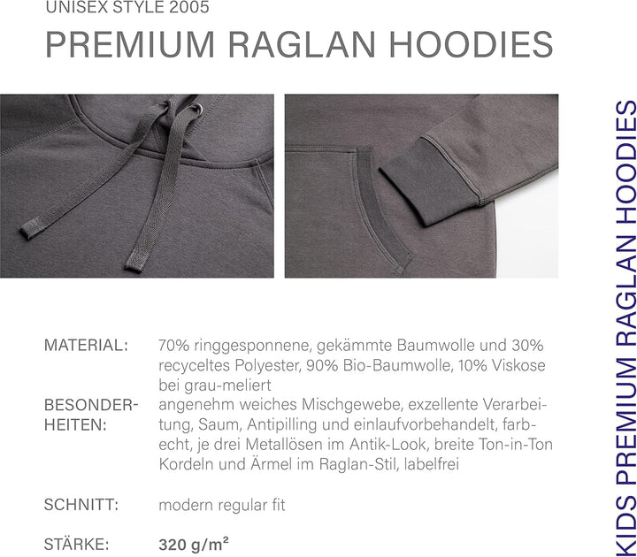 HRM Unisex Kid‘s Premium Raglan Hoody, dunkelgrau I Fair Trade Hoodie Kinder mit Kapuze, 320 g/m² I