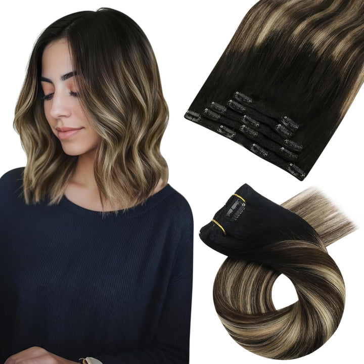Moresoo Clip Extensions Echthaar Schwarz zu Braun Haarverlängerung Echthaar Clip in Extensions Schwa