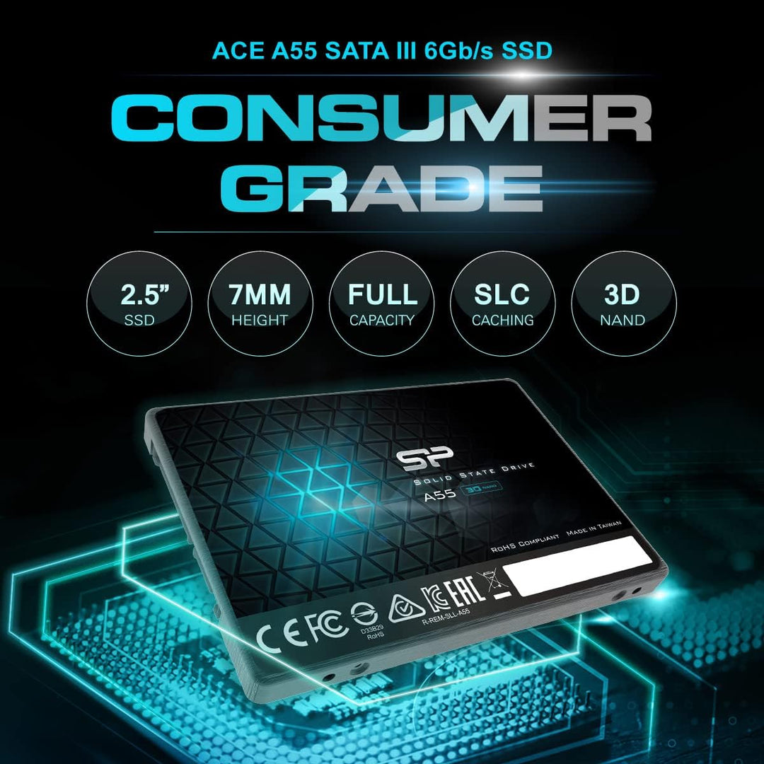 Silicon Power SP002TBSS3A55S25 SSD, 3D, NAND A55 SLC Cache, Performance Boost SATA III, 7 mm (0,28 Z