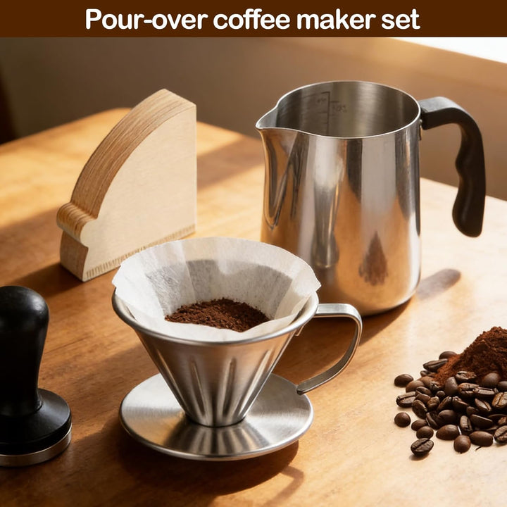 Pour Over Kaffeebereiter Set, 600 ml 304 Edelstahl Kaffeeserver Kaffee Tropfer mit 100 Stück Papierf
