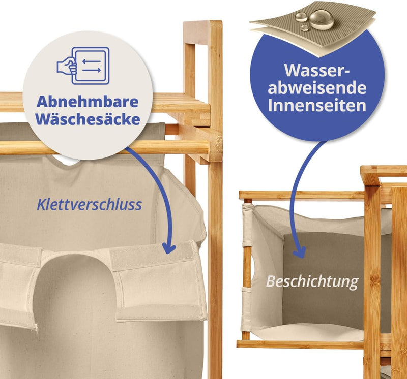 Lumaland Wäschekorb aus Bambus, mit 2 ausziehbaren Wäschesäcken, ca. 73 x 64 x 33 cm