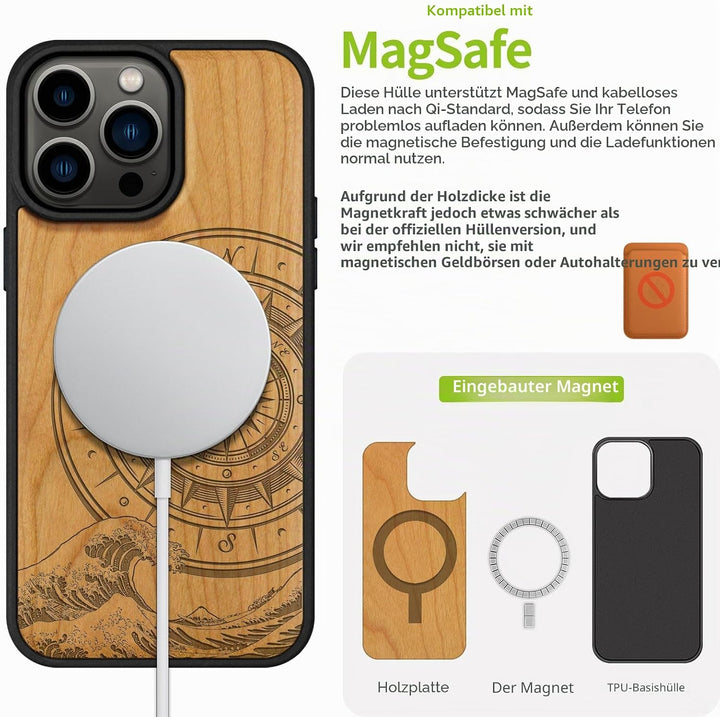 Carveit Holz Cover für iPhone 15 Pro Max Handyhulle kompatibel mit MagSafe Massivholz für Apple 15 p