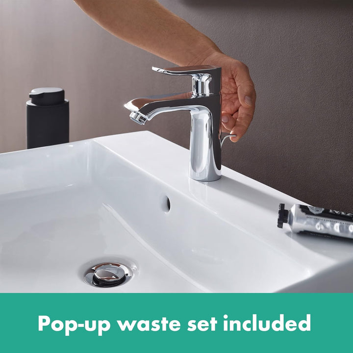 hansgrohe Waschtischarmatur Metris, Wasserhahn Bad mit Auslauf Höhe 110mm, mit Zugstange, Badarmatur