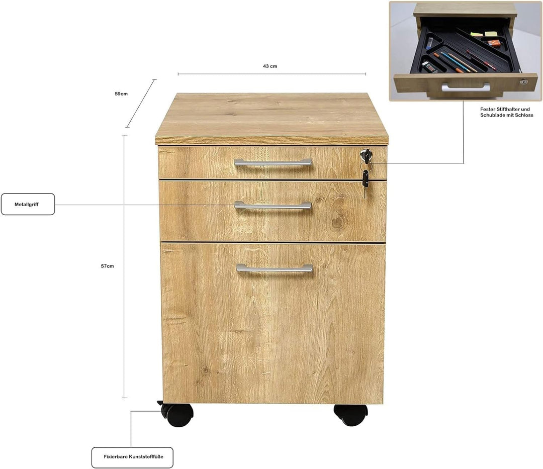 furni24 Rollcontainer, abschliessbarer Aktenschrank mit Schubladen, Büroschrank mit Rollen, für Akte