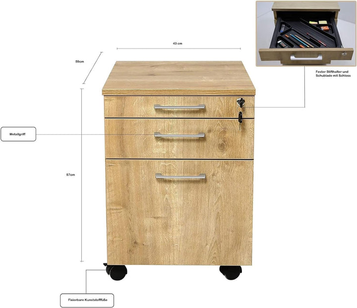 furni24 Rollcontainer, abschliessbarer Aktenschrank mit Schubladen, Büroschrank mit Rollen, für Akte