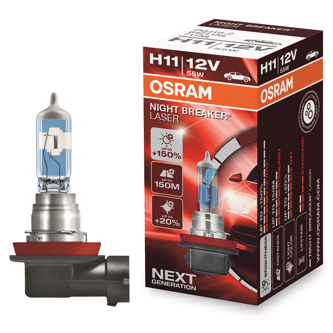 Osram NIGHT BREAKER LASER H11, +150% mehr Helligkeit, Halogen-Scheinwerferlampe, 64211NL, 12V PKW, F
