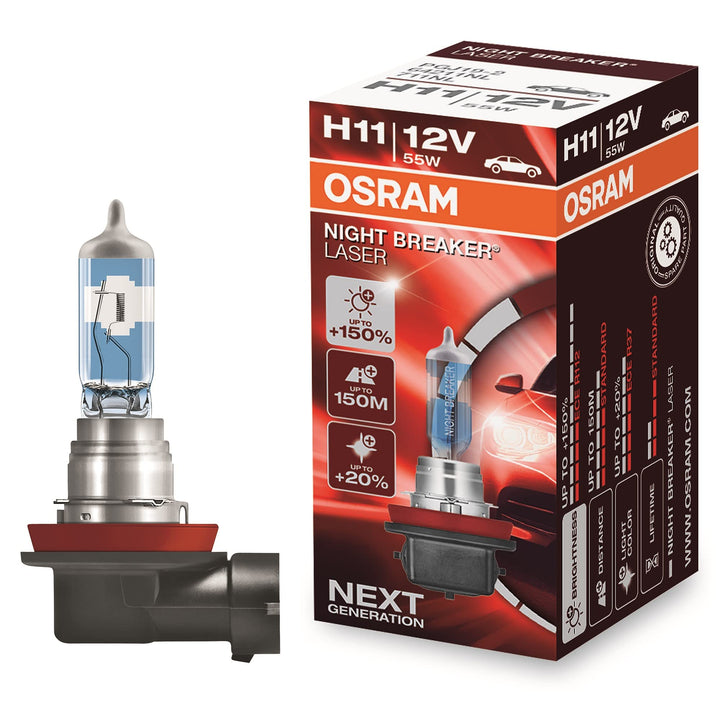 Osram NIGHT BREAKER LASER H11, +150% mehr Helligkeit, Halogen-Scheinwerferlampe, 64211NL, 12V PKW, F