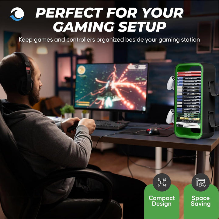 Universal Games Storage Tower Pro - Bis zu 18 Spiele - Mit Controller Halterung für bis zu 4 Gamepad