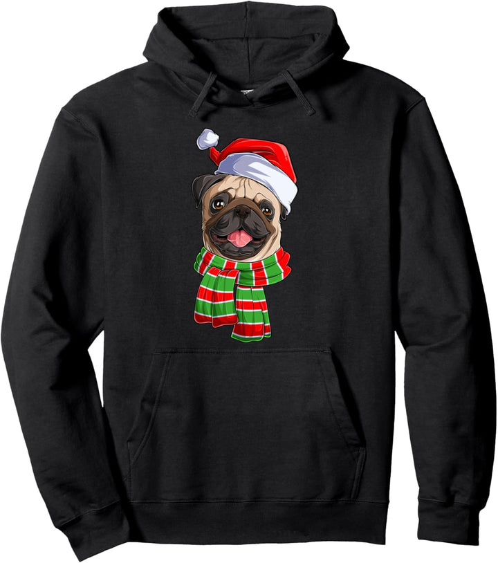 Lustiger Weihnachtsmops Mops Mops Hund Weihnachtsmann Mütze Schal Pullover Hoodie