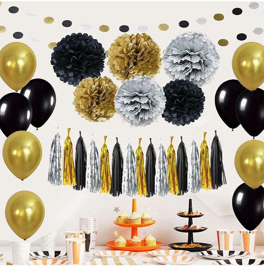 Schwarz Gold Party Deko Set - DIY Pompoms Blumen, Quaste Girlande, Luftballons, Polka Dot Papier Gir