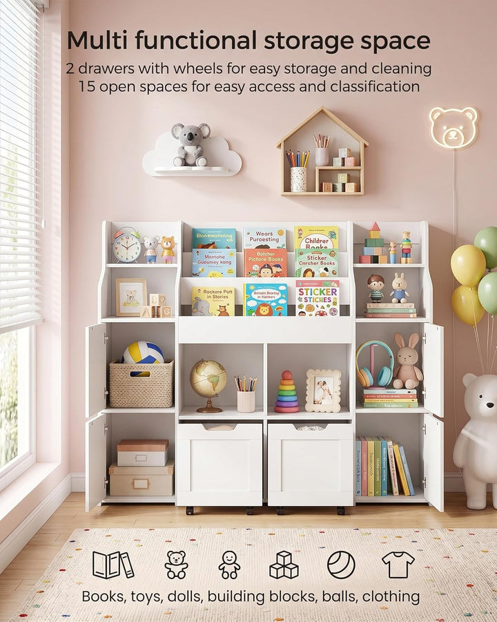 Kinder Bücherregal mit 2 Boxen Weiss Schmal Montessori Spielzeugregal für Kinderzimmer Aufbewahrung