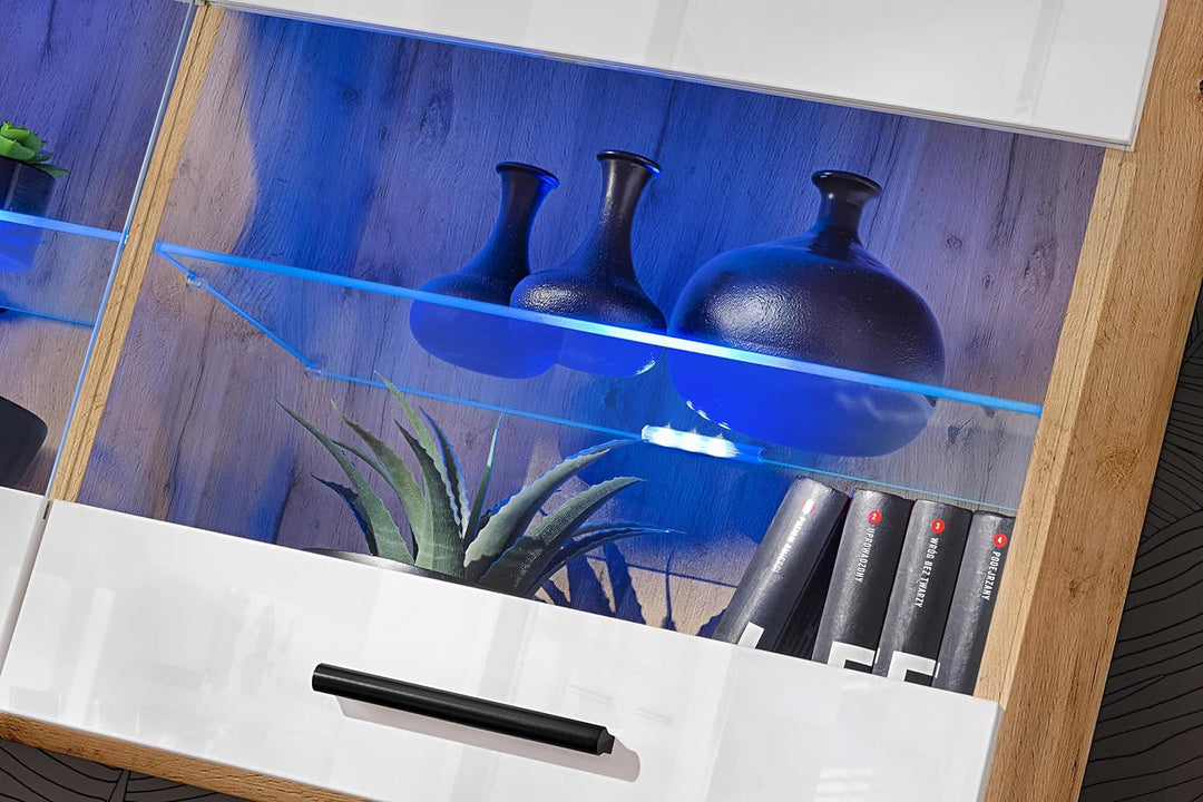 Komodee, Vitrine Schrank Savona, Wotan/Weiss, Breite 100cm x Höhe 50cm x Tiefe 30cm, LED RGB, 2 Glas
