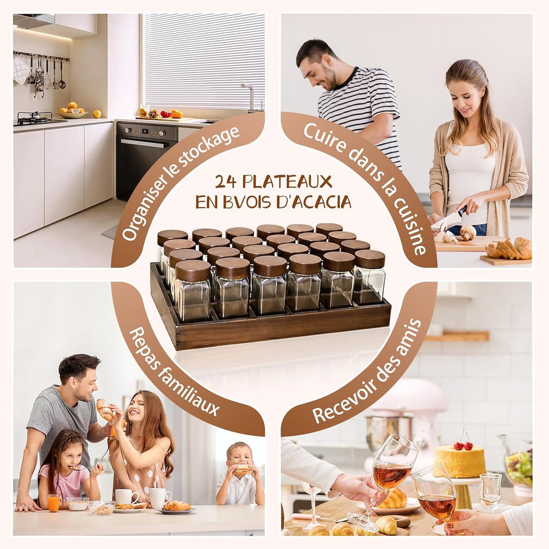 SAEIV Umweltfreundliches Akazien-Gewürzregal Holz mit 24 Fächern | 24 120ml-Gewürzgläser Drawer Orga