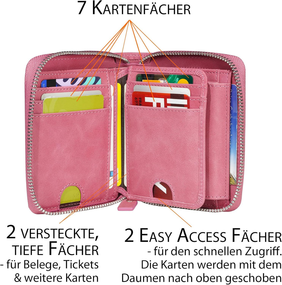 Damen Geldbörse pink, Oil-Wax-Leder, Reissverschluss, Münzfach, viele Fächer, RFID Schutz - Geldbörs