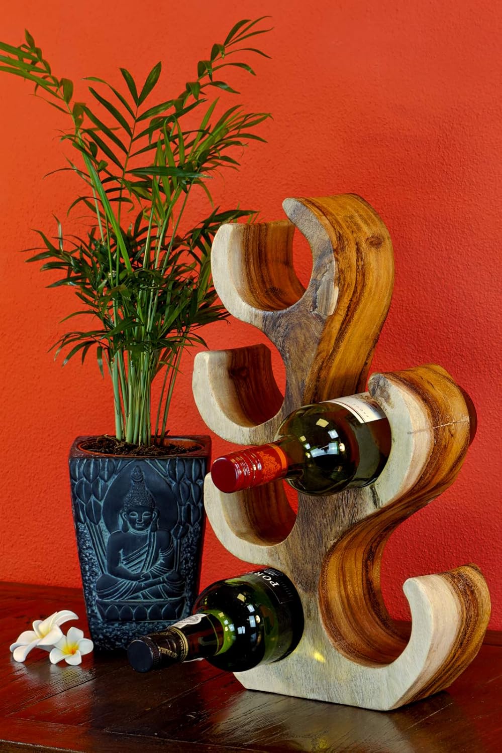 Kinaree Suar Holz Wein-Regal klein – Massivholz Design Flaschenregal für 6 Flaschen | Handgefertigt