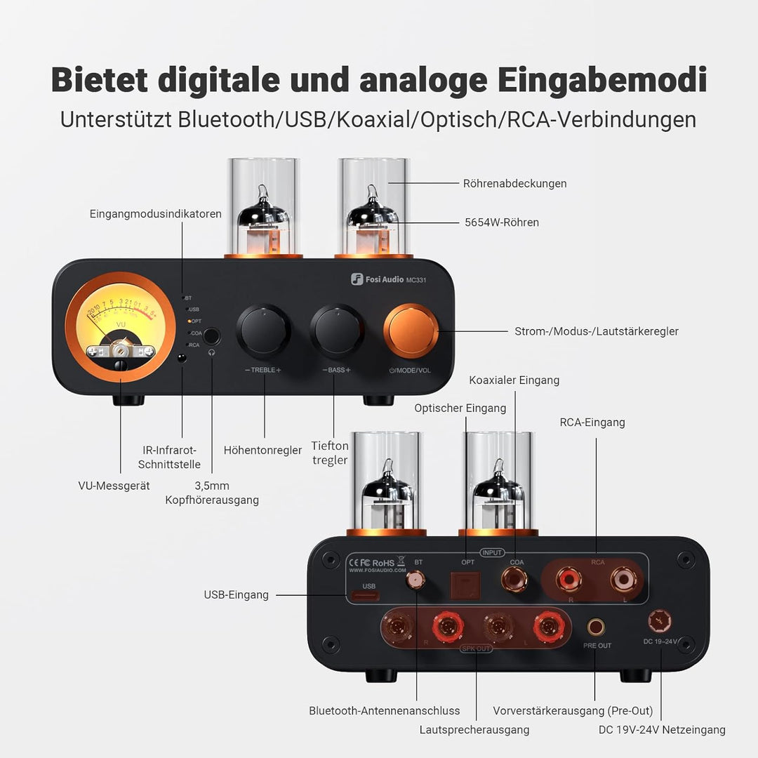 Fosi Audio MC331 Röhrenvollverstärker mit DAC, 2 Kanal Heim Stereo Audio Verstärker für HiFi Regalla