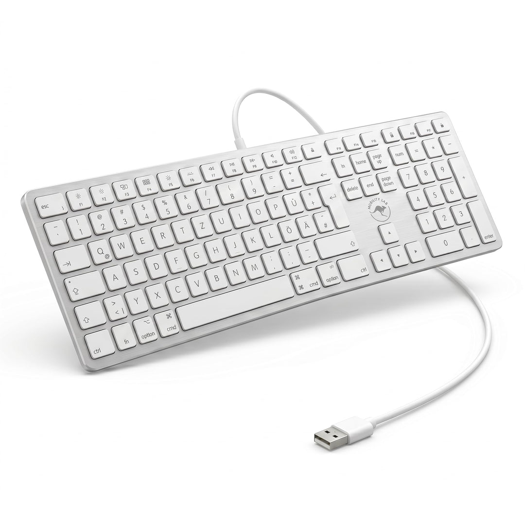 Mobility Lab ML311142 wired Tastatur mit dem deutschen QWERTZ Tastaturlayout für Mac- Weiss/Silber Q