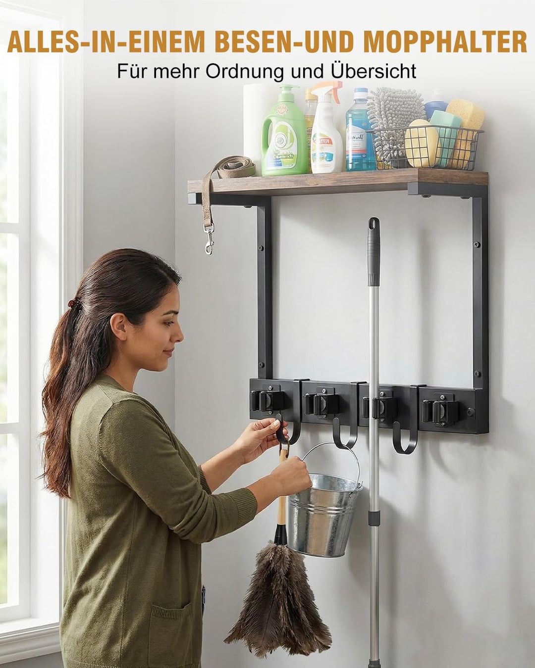 Supforce Besenhalter Wandmontage mit oberer Holzablage, robuster Gerätehalter aus Metall für Reinigu
