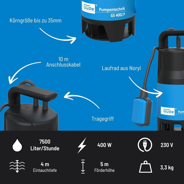 Güde Schmutzwassertauchpumpe GS 4002 P (400 W, 7500 l/h, Förderhöhe max 5 m, Eintauchtiefe max 4 m,