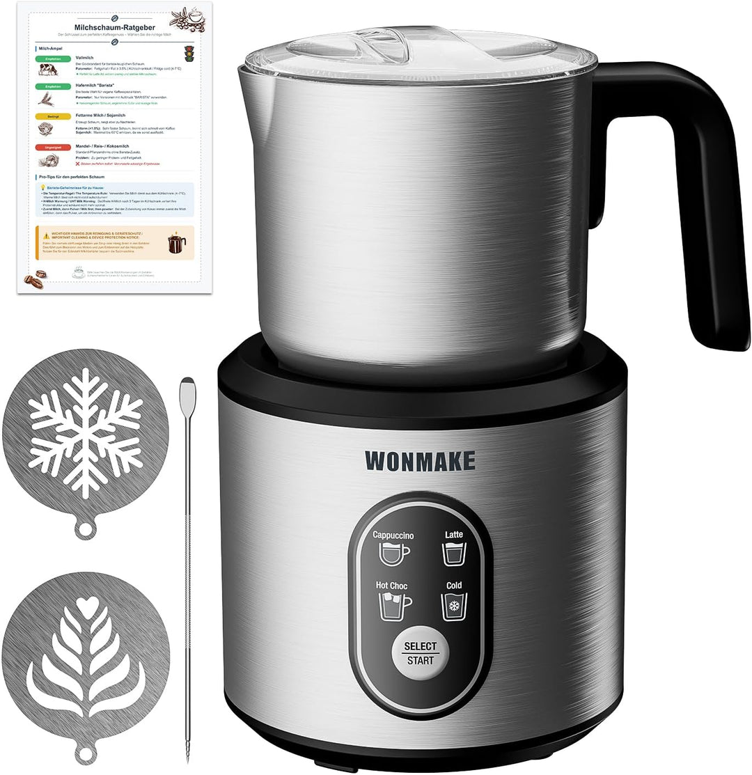 WONMAKE Milchaufschäumer Elektrisch 4 in 1, 350ml Spülmaschinenfest