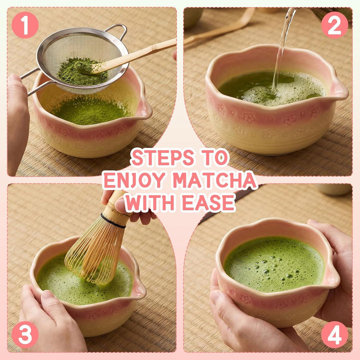 Matcha Set 8-teilig, Keramik Schale, Bambus Besen, Löffel, Sieb, Besenhalter, Löffelständer & Chakin