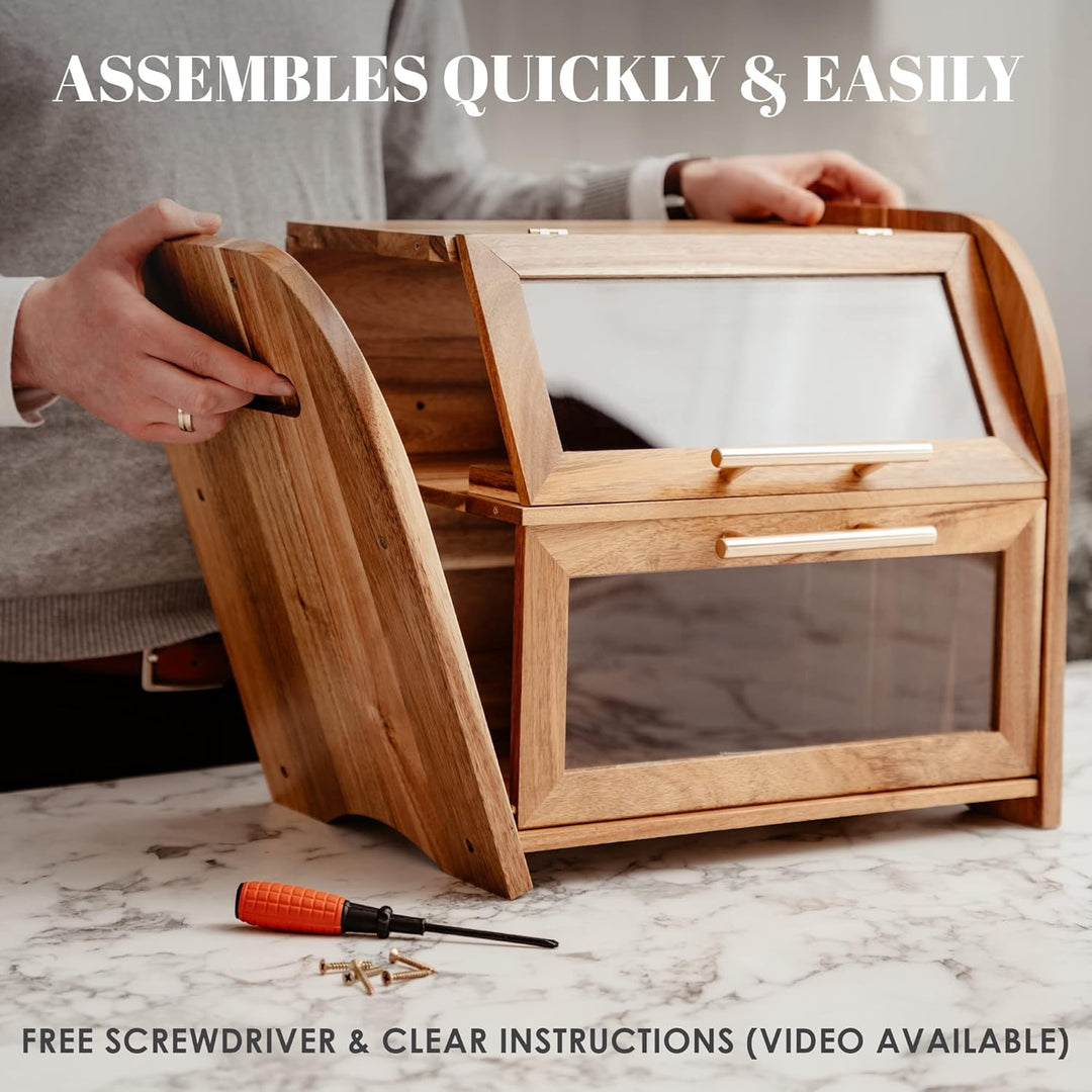 Arise Akazie Brotkasten mit Belüftung, Grosser Brotaufbewahrungsbehälter, 2 Regale und Sichtfenster,