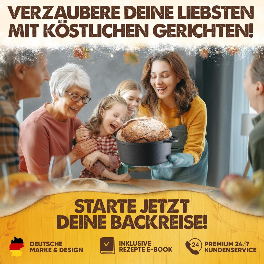 Gusseisen Topf zum Brot backen - Starter-Set mit Gärkorb, Bäckermesser und Brotrezepten - Idealer Br