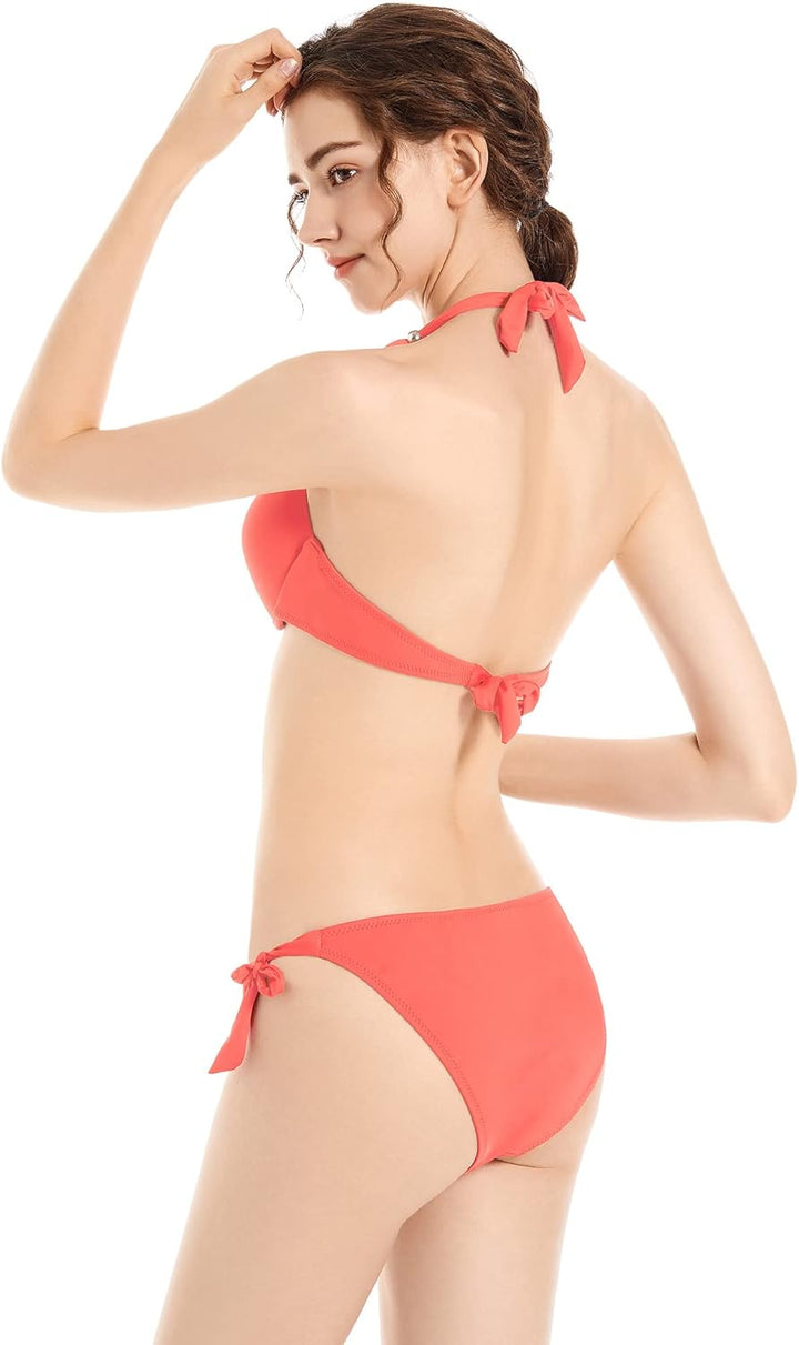 EONAR Damen Seitlich Gebunden Bikini Sets Abnehmbar Bademode Push up Bikinioberteil mit Nackenträger