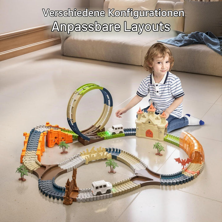 TUMAMA Rennstrecken Spielen Fahrzeuge Spielzeug Set, Flexible Track Rennbahn mit 360 Loop und Auto T